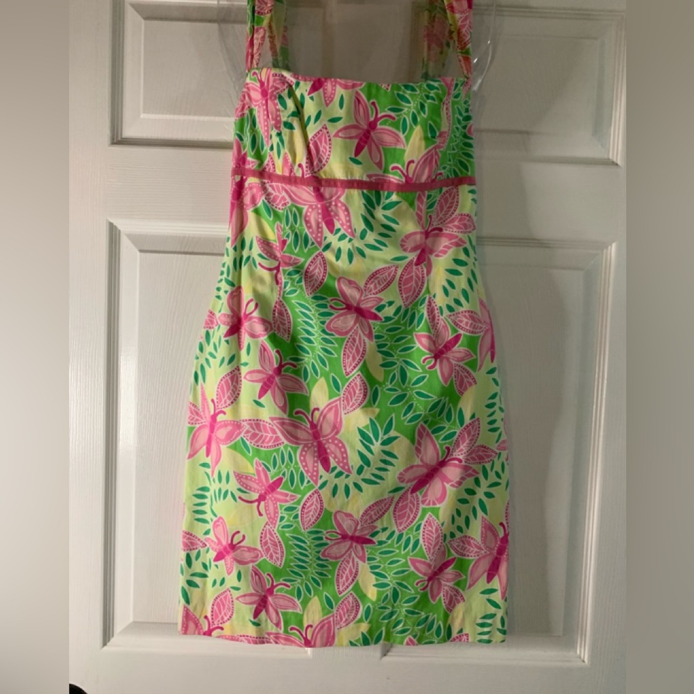 Lilly Pulitzer Vintage Floral Butterfly Dress in Vibrant Pink and Green
